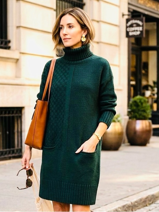 Annina Dresses & Skirts - Annina Merino Wool Forest Green Turtleneck Sweater Dress